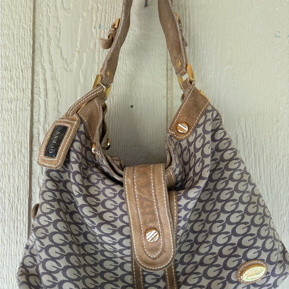 Vintage Y2k Guess Tan Monogram Shoulder Bag